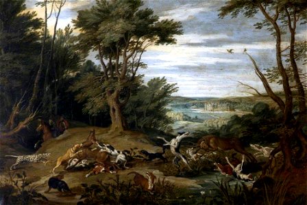 Jan van Kessel the elder (1626-1679) (attributed to) - A Stag Hunt - 872110 - National Trust. Free illustration for personal and commercial use.