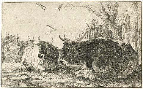 Jan van den Hecke - Cows at rest. Free illustration for personal and commercial use.