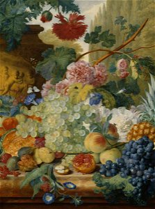 Jan van Huysum - A Still Life of Flowers and Fruit, upon a Ledge, in a Park Setting NTII DMS 814216