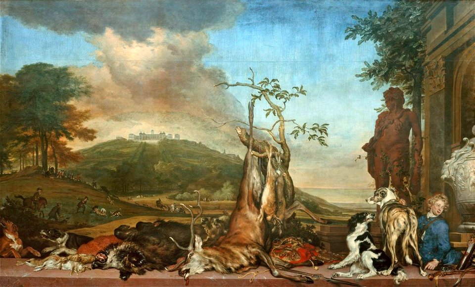 Jan Weenix - Jagdstillleben vor einer Landschaft mit Schloss Bensberg - 776 - Bavarian State Painting Collections
