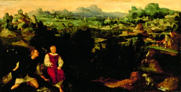 Jan van Scorel Schoorl - Landscape with Tobias and the Angel - Google Art Project. Free illustration for personal and commercial use.