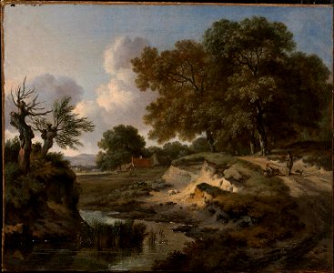 Jan Wijnants - A Wooded Landscape with Travelers and a Dog on a Path - 2008.203 - Museum of Fine Arts. Free illustration for personal and commercial use.