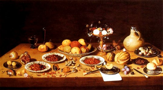 Jan van Kessel (I) - Still-Life on a Table with Fruit and Flowers - WGA12147. Free illustration for personal and commercial use.