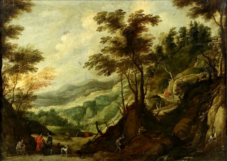 Jan Wildens - A mountainous landscape with huntsmen and their dogs beside a waterfall