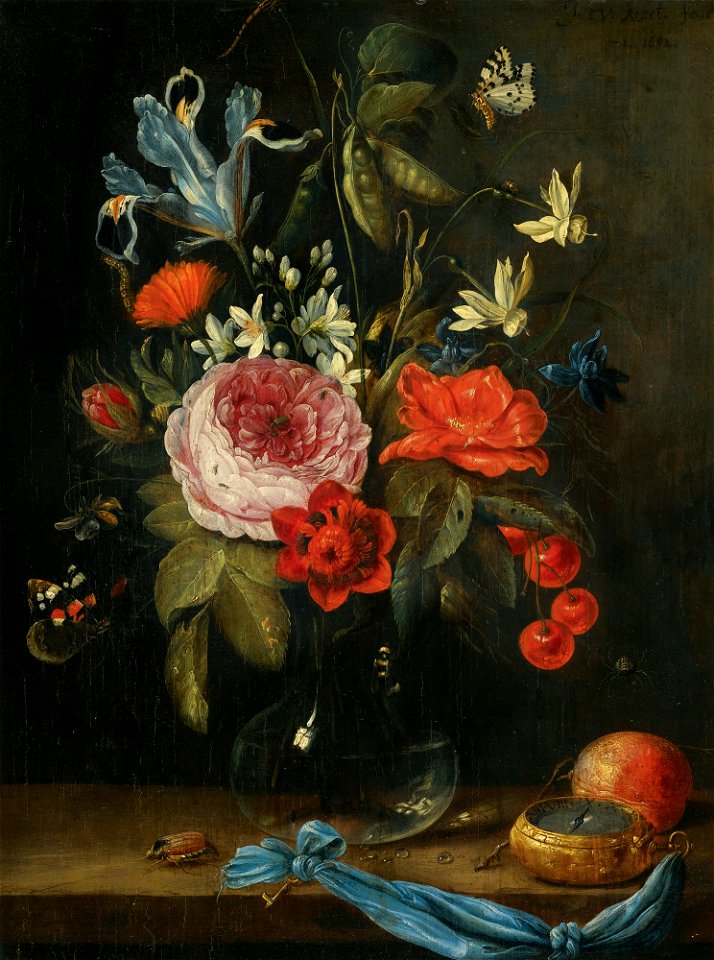 Jan van Kessel de Oude - Stilleven met bloemen in een glazen vaas, samen met een atalanta vlinder etc