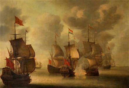 Jan van Leyden (active 1639-1669) - The 'Amelia' Engaging English Ships, 1652–1653 - BHC3190 - Royal Museums Greenwich