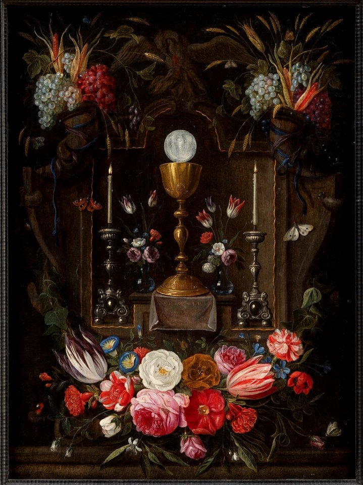 Jan van Kessel (I) - Altar niche with the symbols of the Eucharist with flowers and fruits