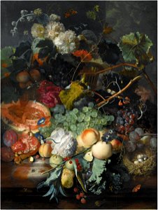 Jan van Huysum - Still life of fruit upon a marble ledge, a bird's nest to the right and a basket of flowers above, insects throughout