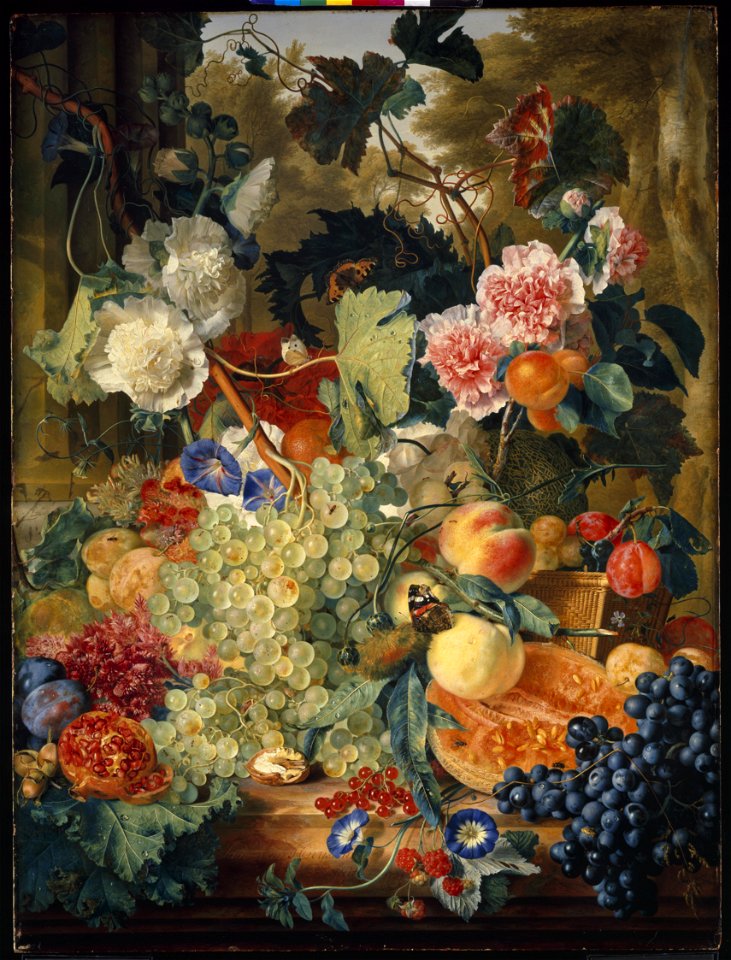Jan van Huysum - Stilleven van bloemen en vruchten op een marmeren blad