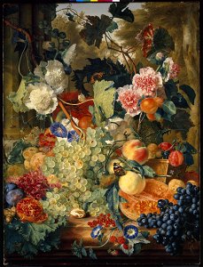 Jan van Huysum - Stilleven van bloemen en vruchten op een marmeren blad. Free illustration for personal and commercial use.