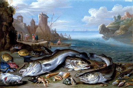 Jan van Kessel (I) - Harbour Scene with Fish - WGA12137. Free illustration for personal and commercial use.