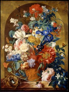 Jan van Huysum - Still life of flowers in a terracotta vase, before a niche - 1734. Free illustration for personal and commercial use.