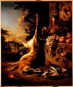Jan Weenix - Gibier mort, singe et fruits devant un paysage - PDUT938 - Musée des Beaux-Arts de la ville de Paris. Free illustration for personal and commercial use.