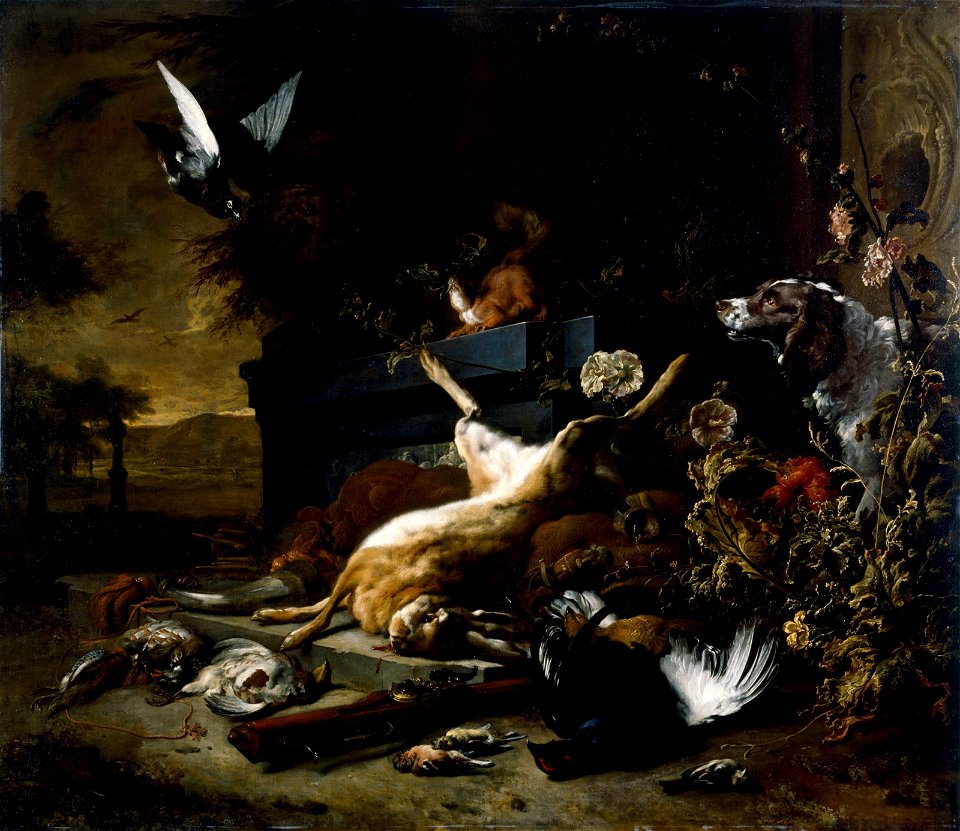 Jan Weenix - Still Life of Game including a Hare, Black Grouse and Partridge, a Spaniel looking on with a Pigeon in Flight - 2006.528 - Museum of Fine Arts