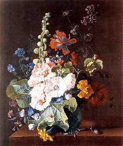 Jan van Huijsum - Hollyhocks and Other Flowers in a Vase - WGA11824. Free illustration for personal and commercial use.