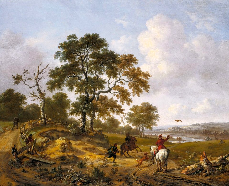 Jan Wijnants (Haarlem c. 1625-Amsterdam 1685) - A Hilly Landscape with a Hawking Party - RCIN 400940 - Royal Collection