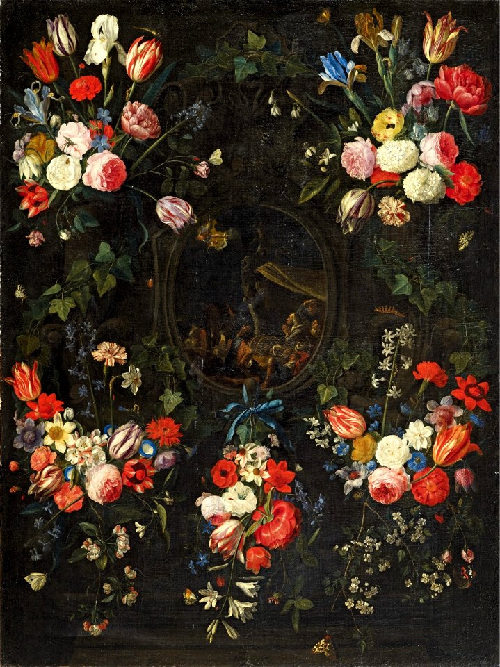 Jan van Kessel dÄ Blumengirlande mit der Verkündigung an die Hirten
