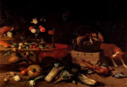 Jan van Kessel (I) - Interior of a Kitchen with a Dog - WGA12141. Free illustration for personal and commercial use.