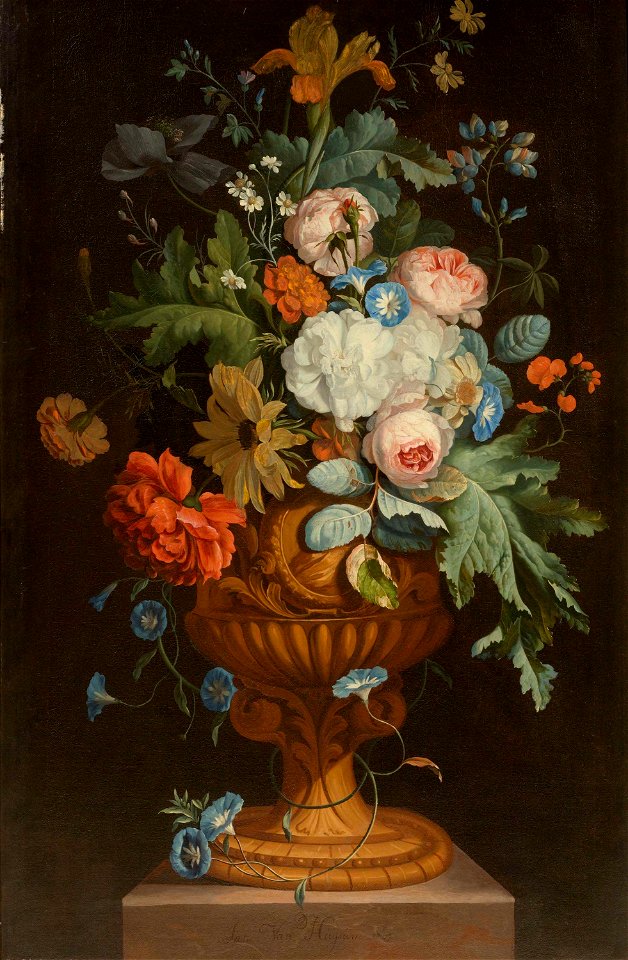 Jan van Huysum - Flowers in a terracotta vase on a pedestal 68746 l 1
