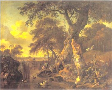 Jan Wijnants en Johannes Lingelbach en Dirck Wijntrack - Vijver met eenden, een gans en een reiger, vissers en een jager op de achtergrond - 762 - Städel Museum