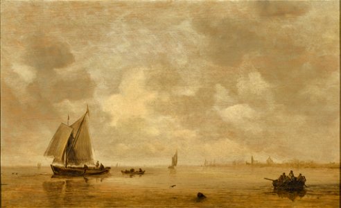Jan van Goyen - A view of an estuary with figures in a wijdschip and a rowing boat. Free illustration for personal and commercial use.