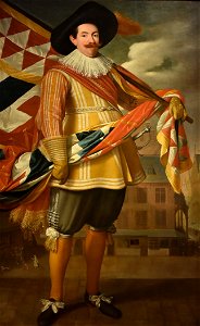Jan Verhoeven (1600-1676) Rombout Heyns in 1580 voor het Schepenhuis, vaandeldrager van de kolveniersgilde van Mechelen - Museum Hof van Busleyden Mechelen 6-07-2018