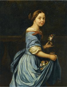 Jan Verkolje (I) - Portrait of a lady, three quarter length, in a blue dress with an armful of flowers (a fragment