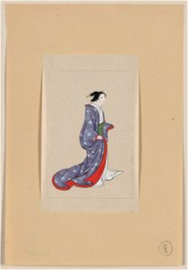 Japanese woman, full-length, standing, facing right, wearing robe over kimono LCCN2009630099