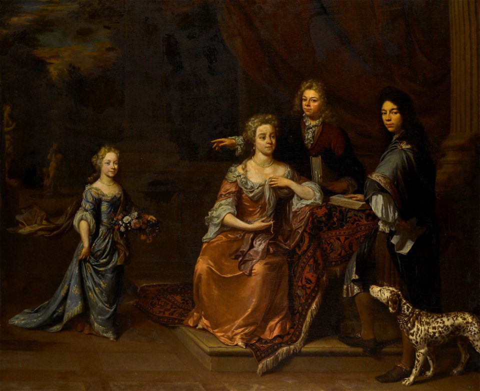 Jan Verkolje - Portrait of a family in a park landscape, attended by their dalmatian