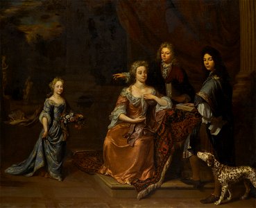 Jan Verkolje - Portrait of a family in a park landscape, attended by their dalmatian