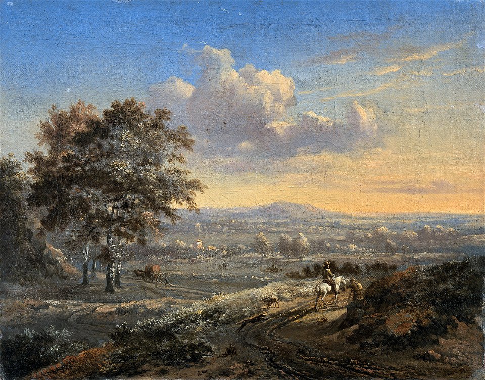Jan Wijnants - Heuvelachtig landschap met een ruiter op een landweg