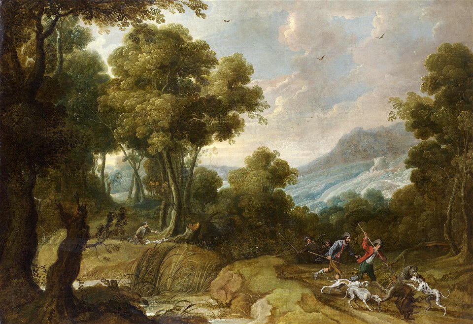 Jan Wildens and Cornelis de Wael - A forest landscape with hunters and their dogs attacking a wolf
