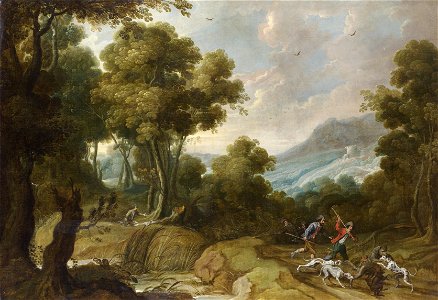 Jan Wildens and Cornelis de Wael - A forest landscape with hunters and their dogs attacking a wolf. Free illustration for personal and commercial use.