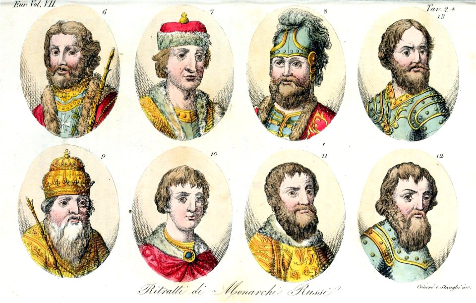 Jaroslaf, Sviatoslaf, Sviatopolk, Volodomiro Monomaco, Giorgio I, Ivan II, Demetrio IV, Ivan III Basilievitz, Illustration for Il costume antico e moderno by Giulio Ferrario Europa Vol VII pt 2 1831 (15)