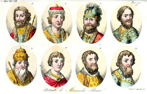 Jaroslaf, Sviatoslaf, Sviatopolk, Volodomiro Monomaco, Giorgio I, Ivan II, Demetrio IV, Ivan III Basilievitz, Illustration for Il costume antico e moderno by Giulio Ferrario Europa Vol VII pt 2 1831 (15)