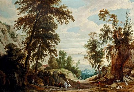 Jan Wildens - A wooded landscape with a figure on horseback and shepherds with their flock