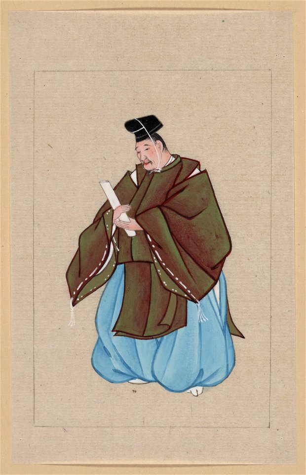Japanese man, full-length, standing, facing left, wearing minister's robe over kimono LCCN2009630117