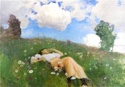 Eero Järnefelt - Saimi in the Meadow (1892). Free illustration for personal and commercial use.
