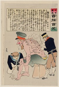 Japanese sailor and soldier are tending to the wounds in the legs and back of a Russian soldier LCCN2009630486