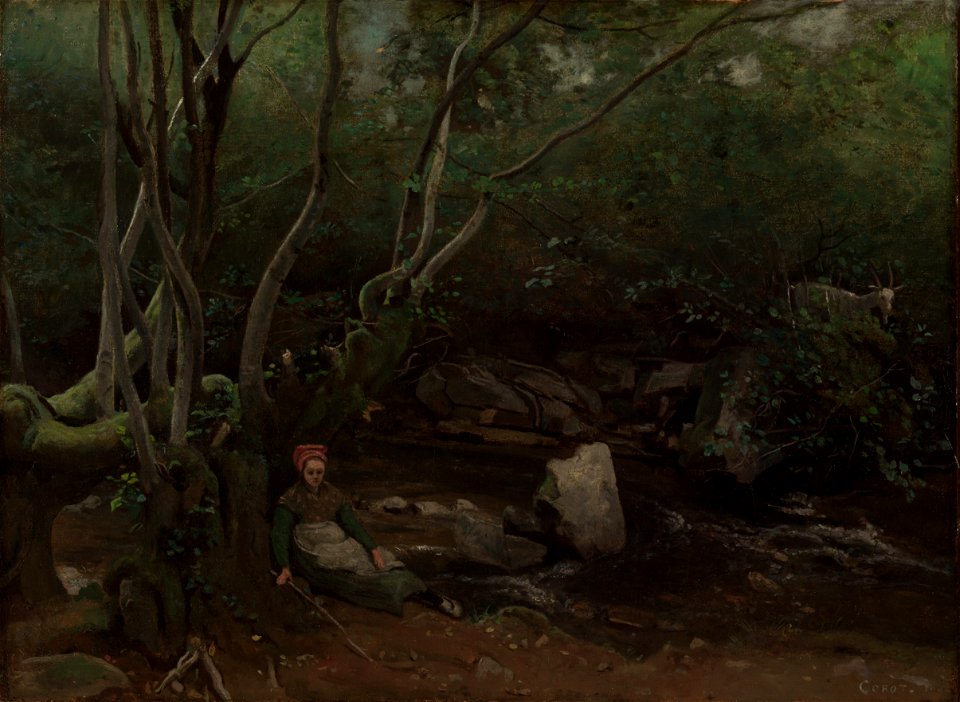 Jean Baptiste Camille Corot - Lormes, Goat-Girl Sitting Beside a Stream in a Forest - 1962.35 - Cleveland Museum of Art