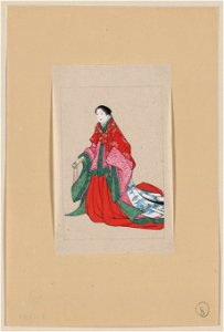 Japanese woman, full-length, standing, facing left, wearing robes of a noblewoman, such as empress or princess; also shows custom of artificial eyebrows LCCN2009630104