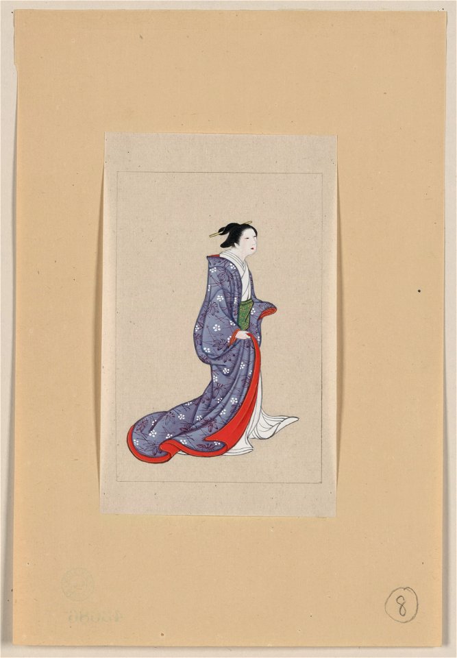 Japanese woman, full-length, standing, facing right, wearing robe over kimono LCCN2009630099