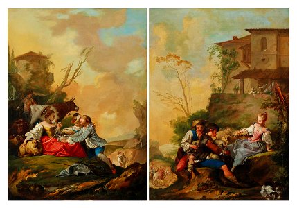 Jean barbault a pastoral scene with a boy offering a shepherdess doves022552)