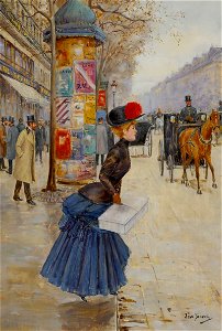 Jean Béraud, Jeune femme traversant le boulevard - Artvee. Free illustration for personal and commercial use.