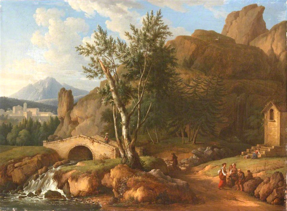 Jean Baptiste Borrilli (active 1790-1796) - A Mountainous River Landscape with a Traveller on a Bridge and a Beggar Receiving Alms - 1548052 - National Trust