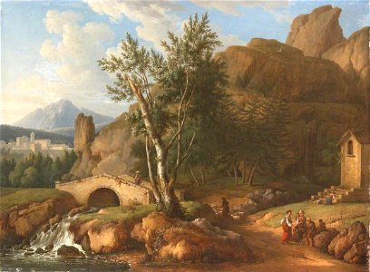 Jean Baptiste Borrilli (active 1790-1796) - A Mountainous River Landscape with a Traveller on a Bridge and a Beggar Receiving Alms - 1548052 - National Trust