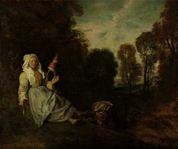 Jean Antoine Watteau - Evening Landscape with Spinner - Google Art Project