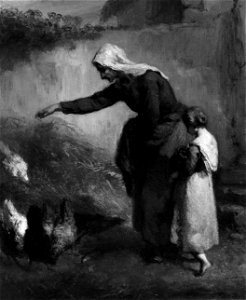 Jean François Millet - Woman Feeding Chickens - 1894.1064 - Art Institute of Chicago. Free illustration for personal and commercial use.