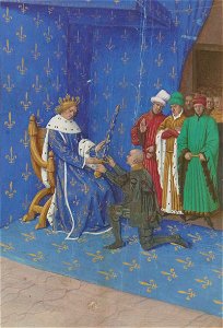 Jean Fouquet - Remise de l'épée de connetable à Bertrand Duguesclin - Enluminure (XVe siècle). Free illustration for personal and commercial use.