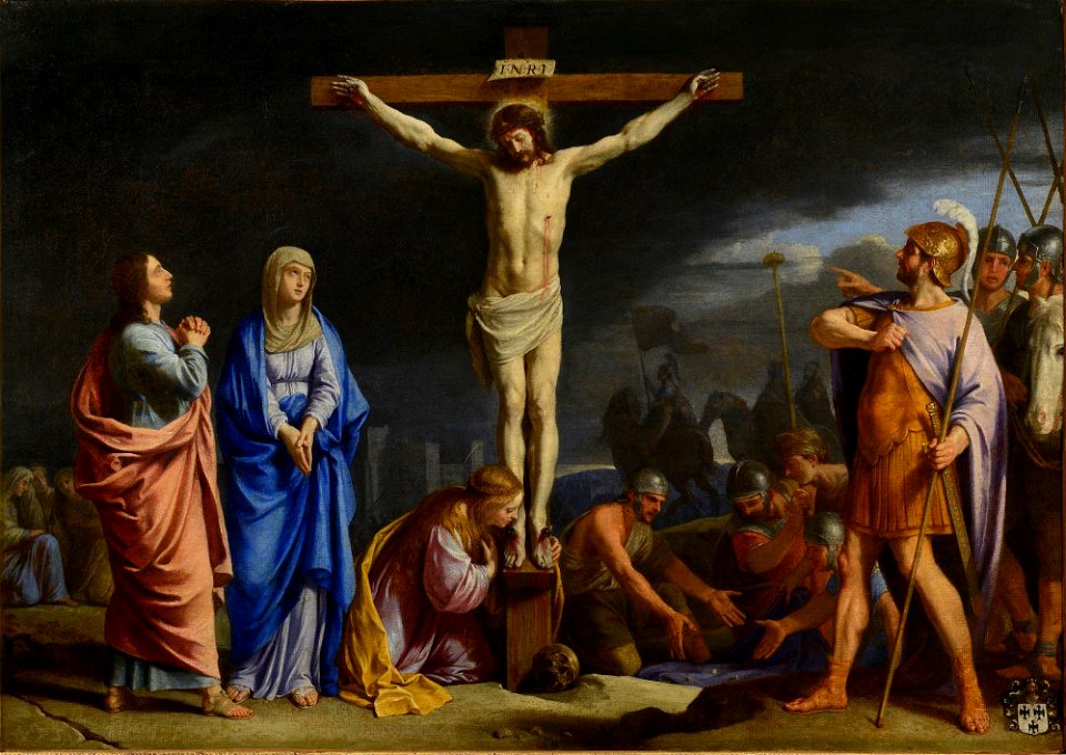 Jean-Baptiste de Champaigne - Crucifixion avec Vierge, saint Jean, Madeleine et soldats romains. Free illustration for personal and commercial use.